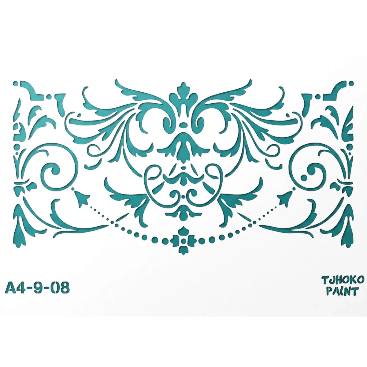 Tjhoko Stenc A4-9-08 Chandelier Paint Stencils featuring an ornate teal floral and scroll design.