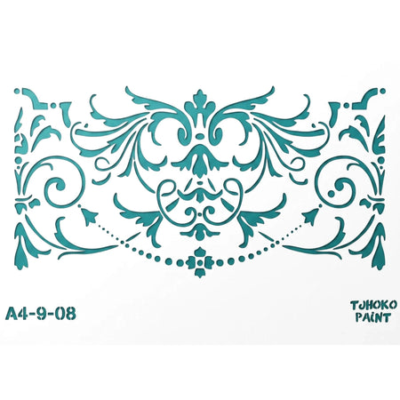 Tjhoko Stenc A4-9-08 Chandelier Paint Stencils featuring an ornate teal floral and scroll design.