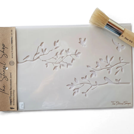 Tjhoko Stenc A5-4 Decor2 Paint Stencils featuring a design of tree branches with leaves and flying birds, shown with a