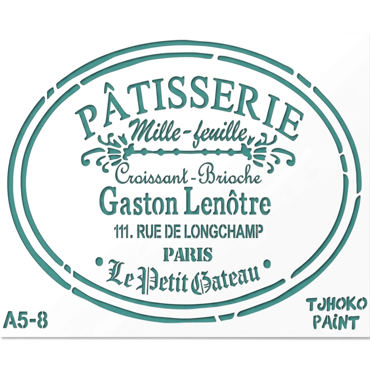 Tjhoko Stenc A5-8 Patisserie Paint Stencils, an oval-shaped teal stencil featuring French bakery-themed text and designs.