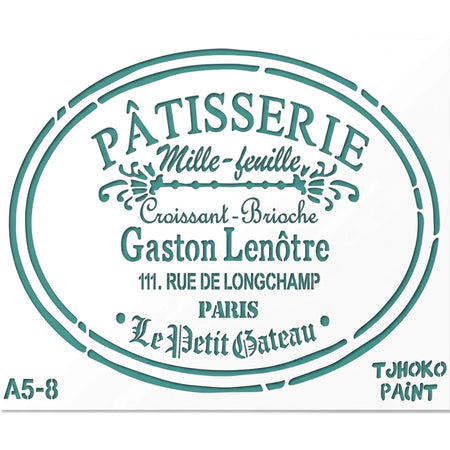Tjhoko Stenc A5-8 Patisserie Paint Stencils, an oval-shaped teal stencil featuring French bakery-themed text and designs.