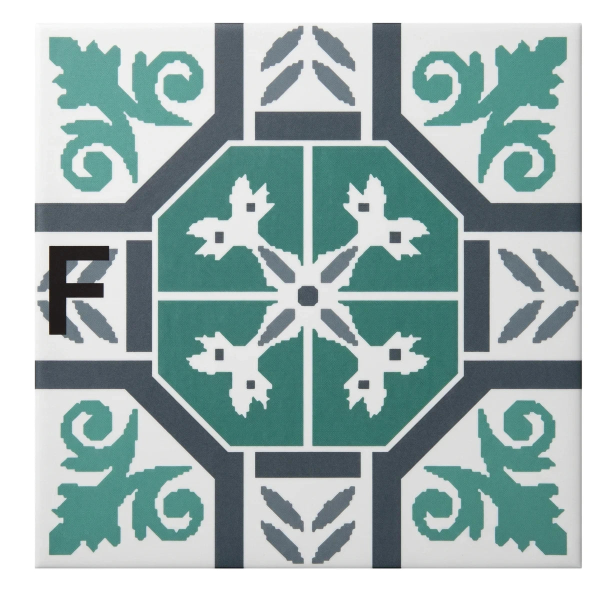 Tjhoko Stenc Mc016-15 F Paint Stencils, a square ornate design in teal and gray with a bold black letter F.
