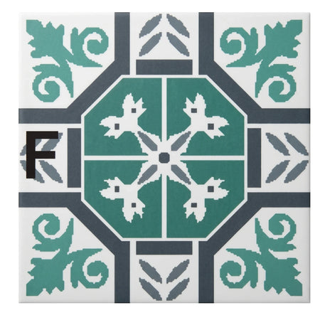 Tjhoko Stenc Mc016-15 F Paint Stencils, a square ornate design in teal and gray with a bold black letter F.