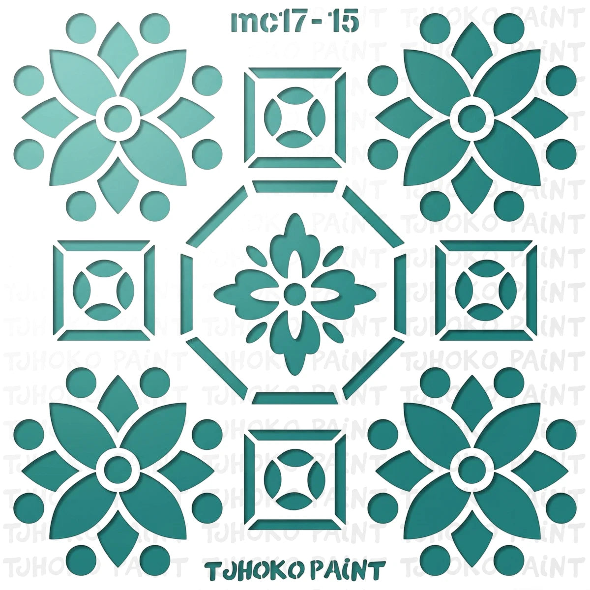 Tjhoko Stenc Mc017-15 paint stencil in teal, featuring a square shape with floral and geometric patterns.