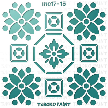 Tjhoko Stenc Mc017-15 paint stencil in teal, featuring a square shape with floral and geometric patterns.