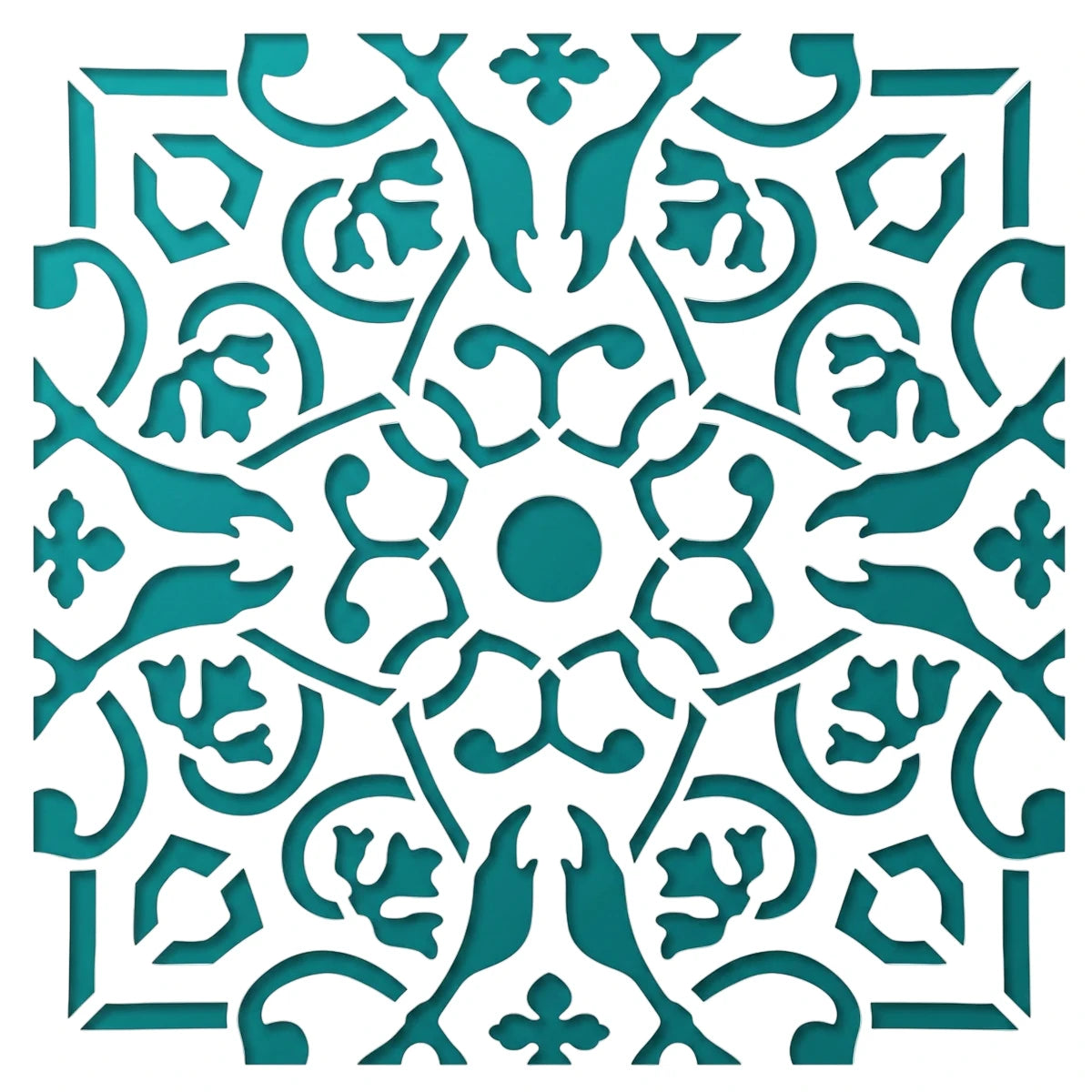 Square Tjhoko Stenc 30*30-6 Patten 5 Paint Stencil with an intricate teal floral and geometric pattern.