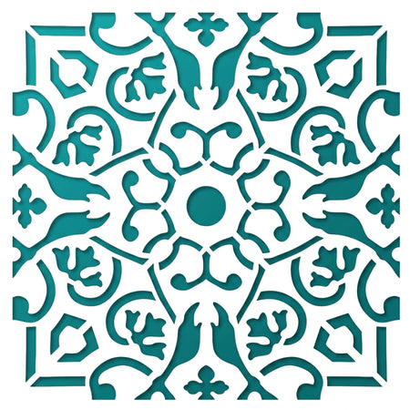 Square Tjhoko Stenc 30*30-6 Patten 5 Paint Stencil with an intricate teal floral and geometric pattern.