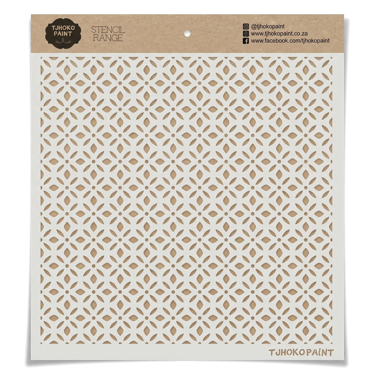 White Tjhokopaint Arabesque Allure reusable paint stencil with an intricate geometric pattern, displayed flat.