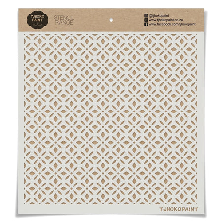 White Tjhokopaint Arabesque Allure reusable paint stencil with an intricate geometric pattern, displayed flat.