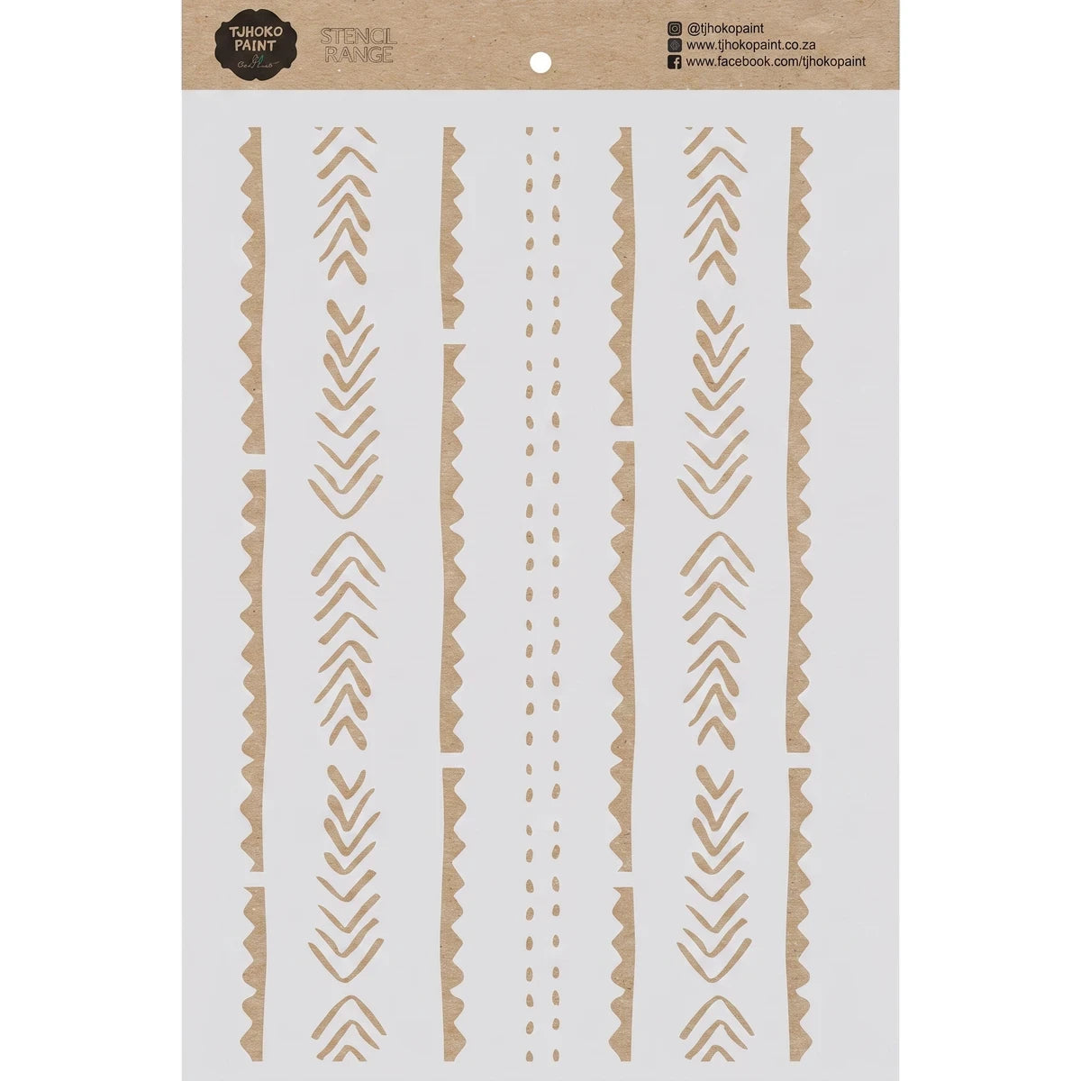Tjhokopaint Tribal Rhythm paint stencil featuring geometric patterns, chevron arrows, and dotted lines on a light gray base