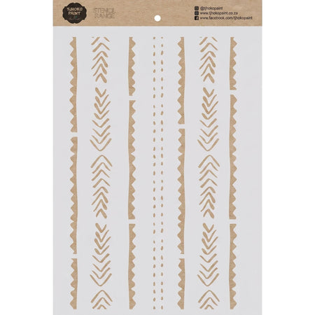 Tjhokopaint Tribal Rhythm paint stencil featuring geometric patterns, chevron arrows, and dotted lines on a light gray base