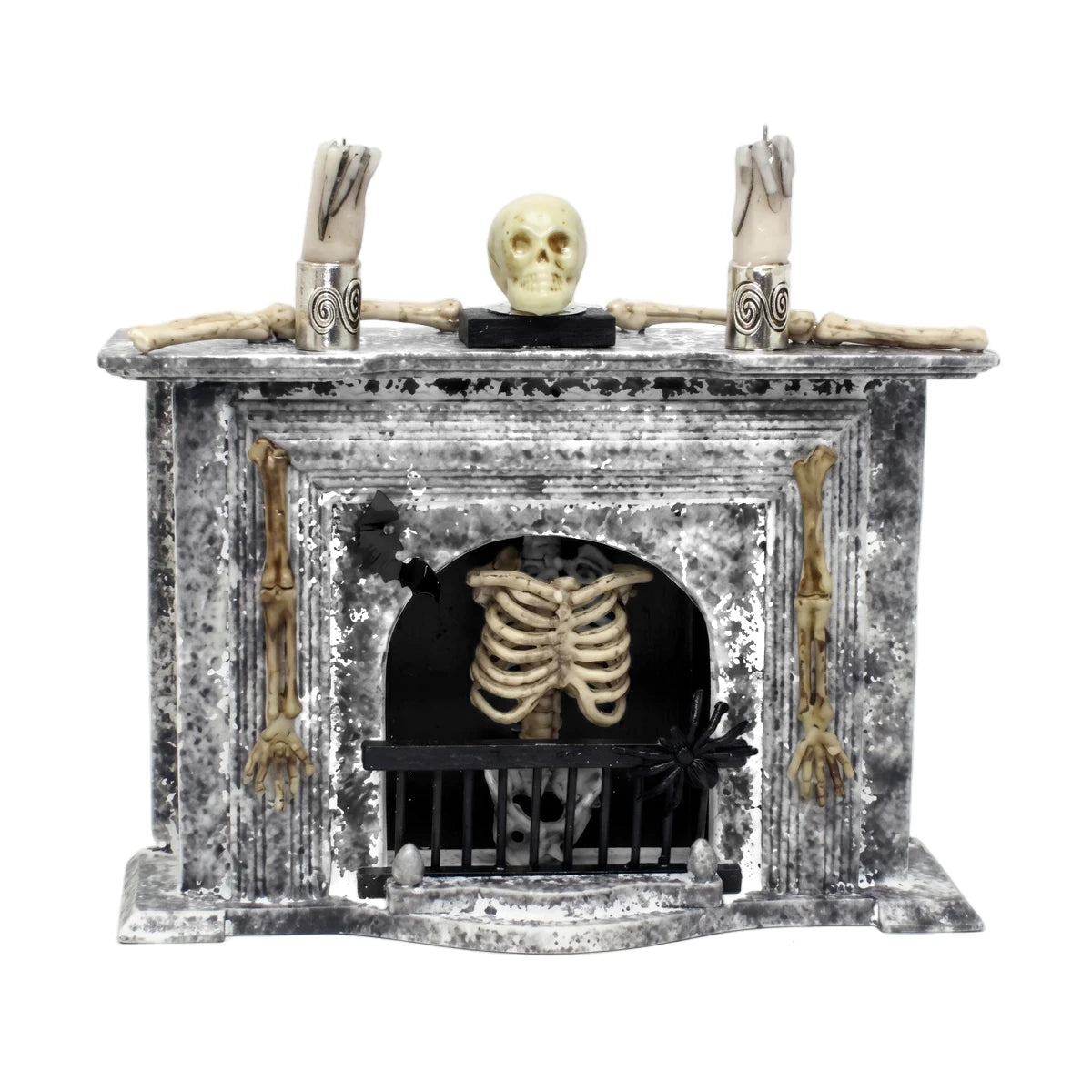 Tjm078 Halloween miniature fireplace with skeleton, skull, and candles, in a spooky gray wash finish.