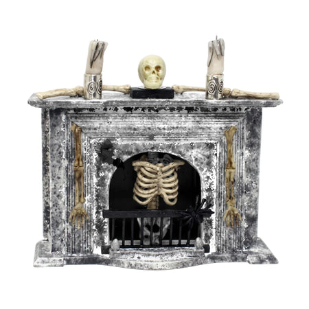 Tjm078 Halloween miniature fireplace with skeleton, skull, and candles, in a spooky gray wash finish.