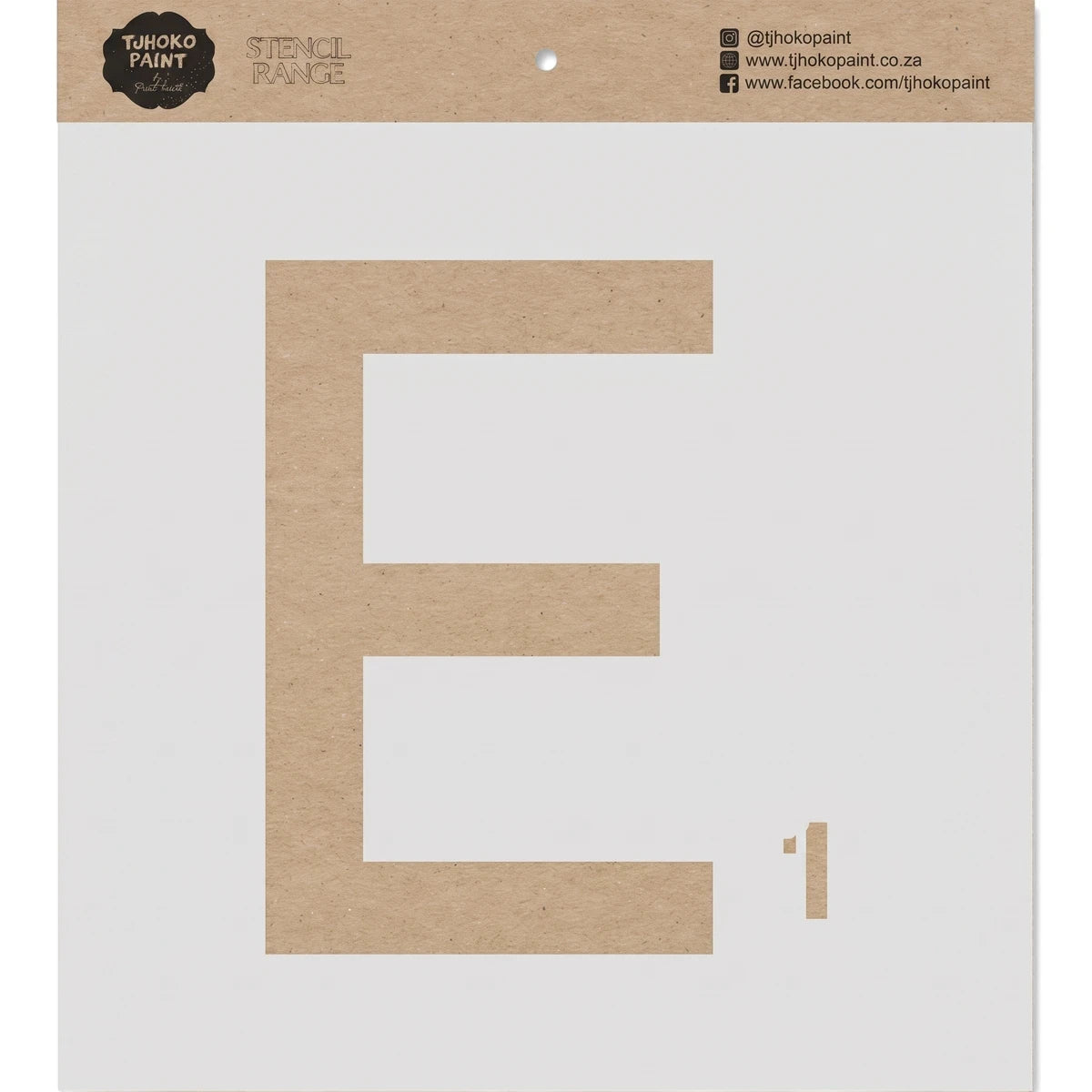 Brown kraft paper paint stencil of the alphabet letter E and number 1 from Tjohoko Paint Stencil Range.
