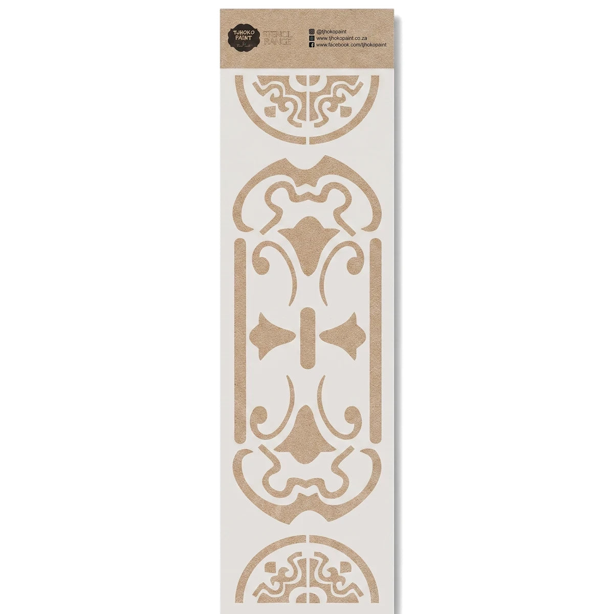 Long decorative paint stencil for craft and home decor projects, featuring ornate patterns and branding for Tjohoko Paint.