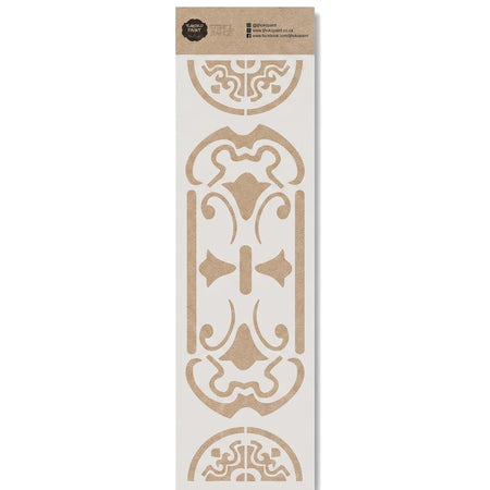 Long decorative paint stencil for craft and home decor projects, featuring ornate patterns and branding for Tjohoko Paint.