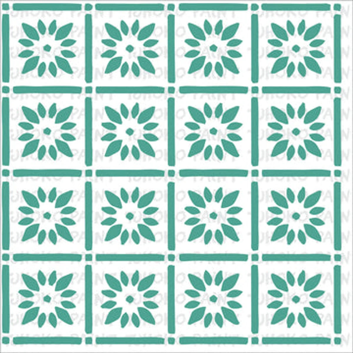 Tjt06 (10cm X 10cm) teal green and white square decorative floral pattern, a repeating motif in a grid design.