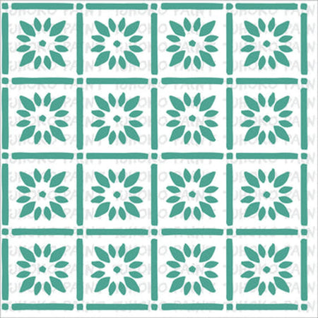 Tjt06 (10cm X 10cm) teal green and white square decorative floral pattern, a repeating motif in a grid design.
