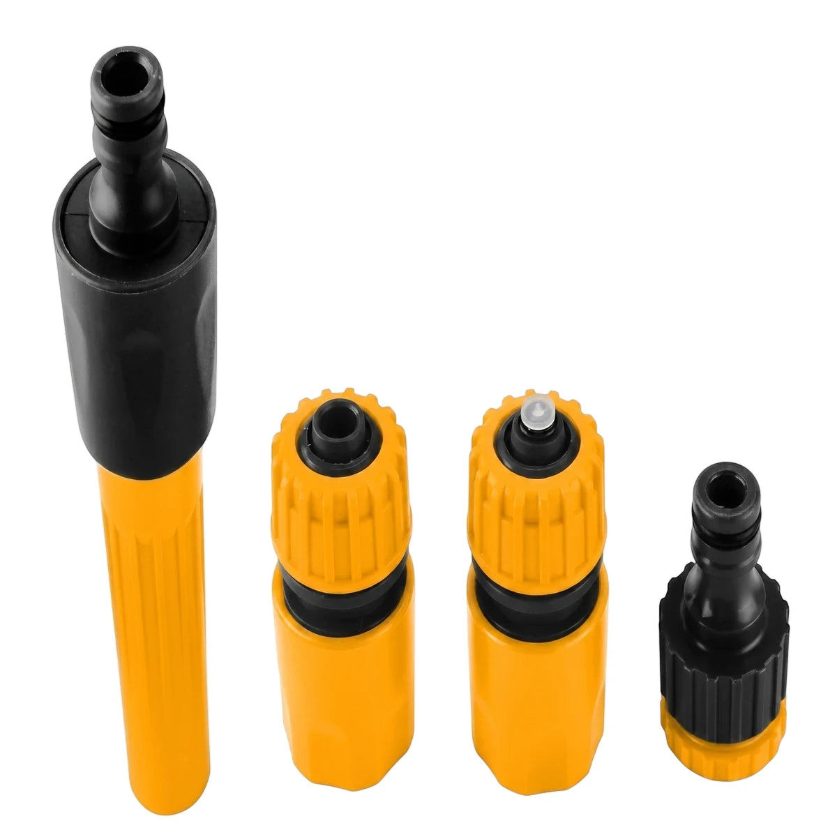 A four-piece Tolsen 1/2-inch garden hose fitting set in yellow and black plastic, arranged horizontally on a white