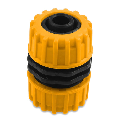 Yellow and black Tolsen 1/2 inch garden hose mender made of plastic, shown from a slightly elevated angle.