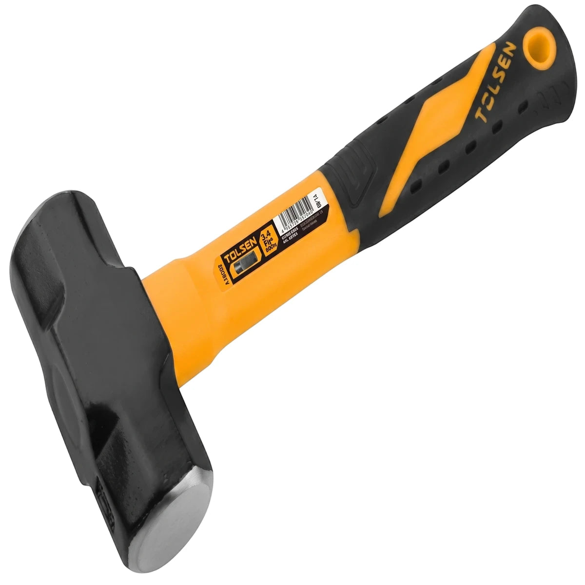 A Tolsen 1.8kg club hammer featuring a black head and a yellow and black TPR handle, shown angled against a white
