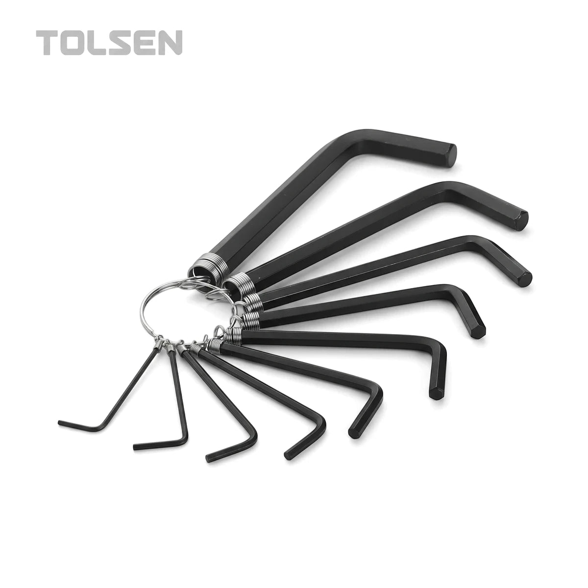 A Tolsen 10-piece metric Allen key set featuring L-shaped black hex wrenches organized on a metal ring.