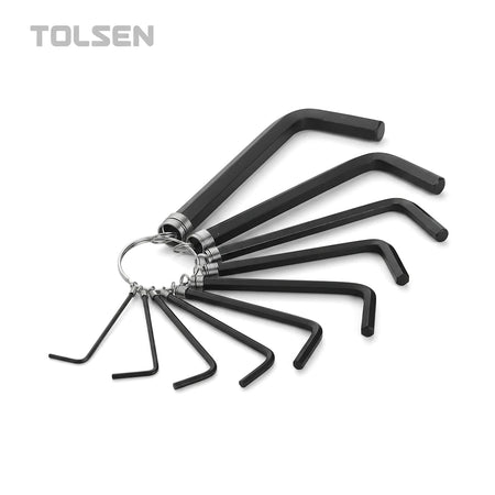 A Tolsen 10-piece metric Allen key set featuring L-shaped black hex wrenches organized on a metal ring.