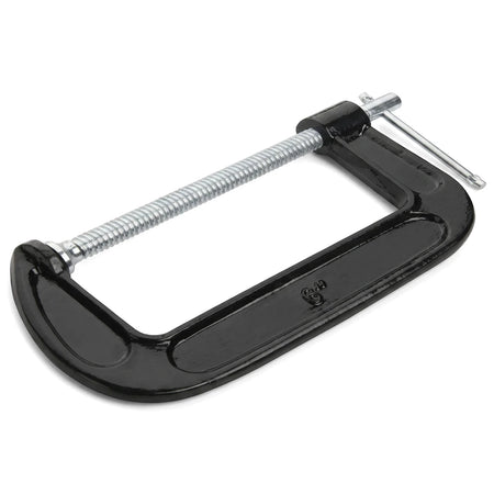 Tolsen 100mm G-clamp with a black C-frame and a silver threaded screw with a T-bar handle.