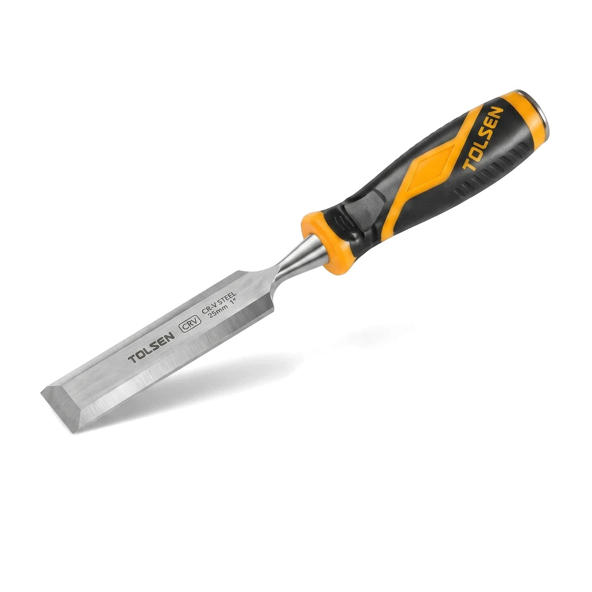 Tolsen 10mm wood chisel featuring a durable metal blade and an ergonomic yellow and black TPR handle, shown diagonally.