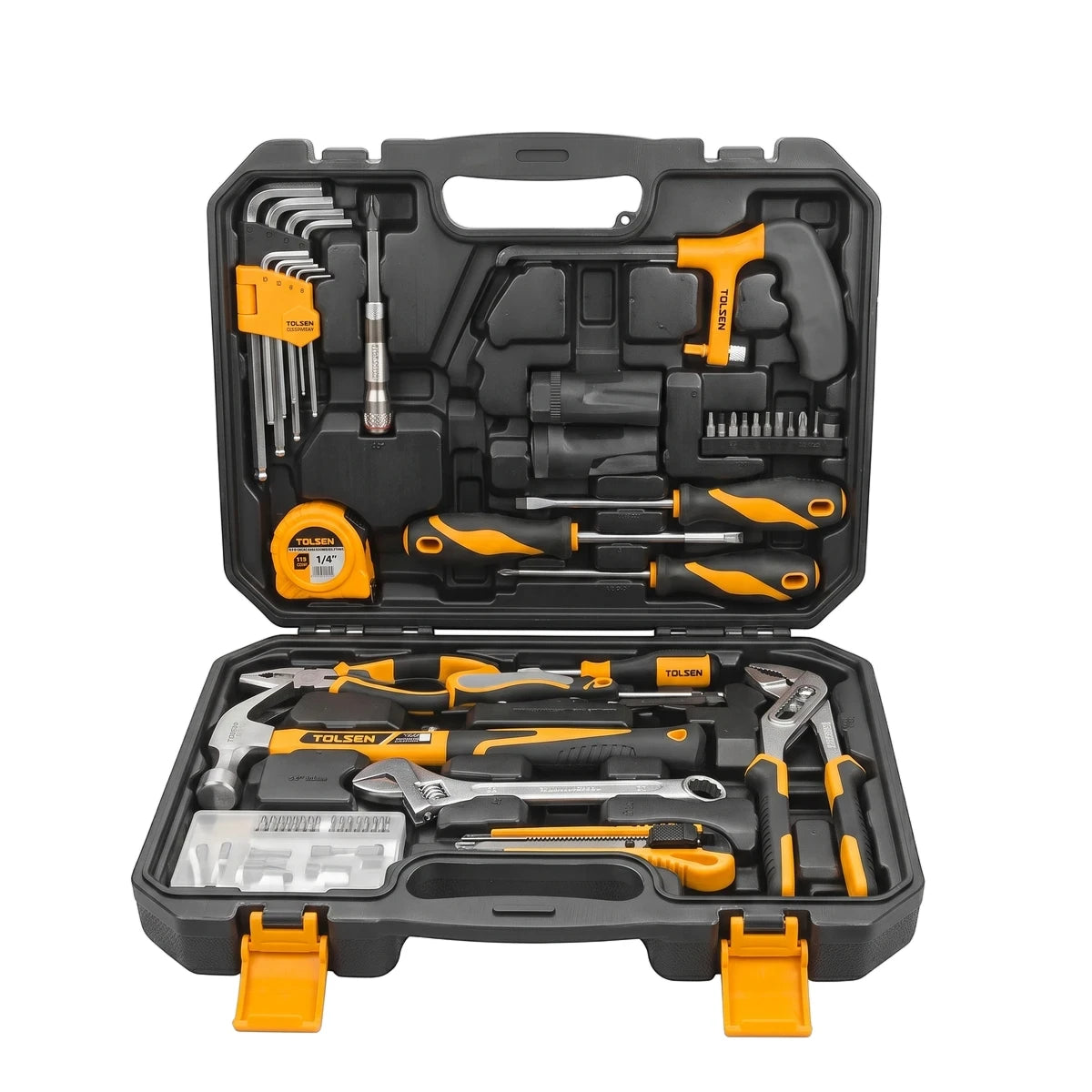 Tolsen 119 piece tool set in open black and yellow carry case, featuring hammers, screwdrivers, and wrenches.