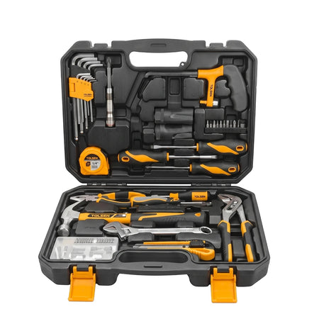Tolsen 119 piece tool set in open black and yellow carry case, featuring hammers, screwdrivers, and wrenches.