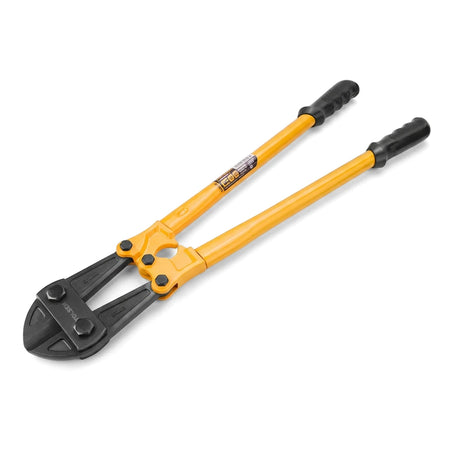 Yellow and black Tolsen 12-inch 300mm chrome vanadium bolt cutter with textured grips, angled view.