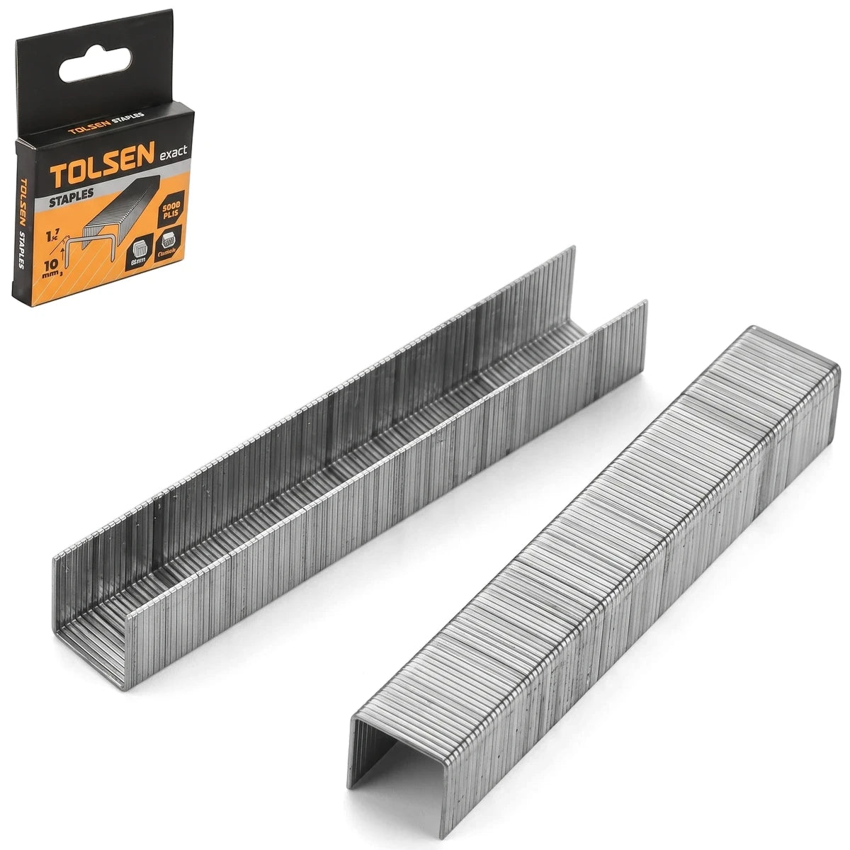 A close-up view of two strips of silver Tolsen 12mm x 1.2mm staples and their packaging box, ready for use.