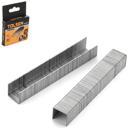 A close-up view of two strips of silver Tolsen 12mm x 1.2mm staples and their packaging box, ready for use.