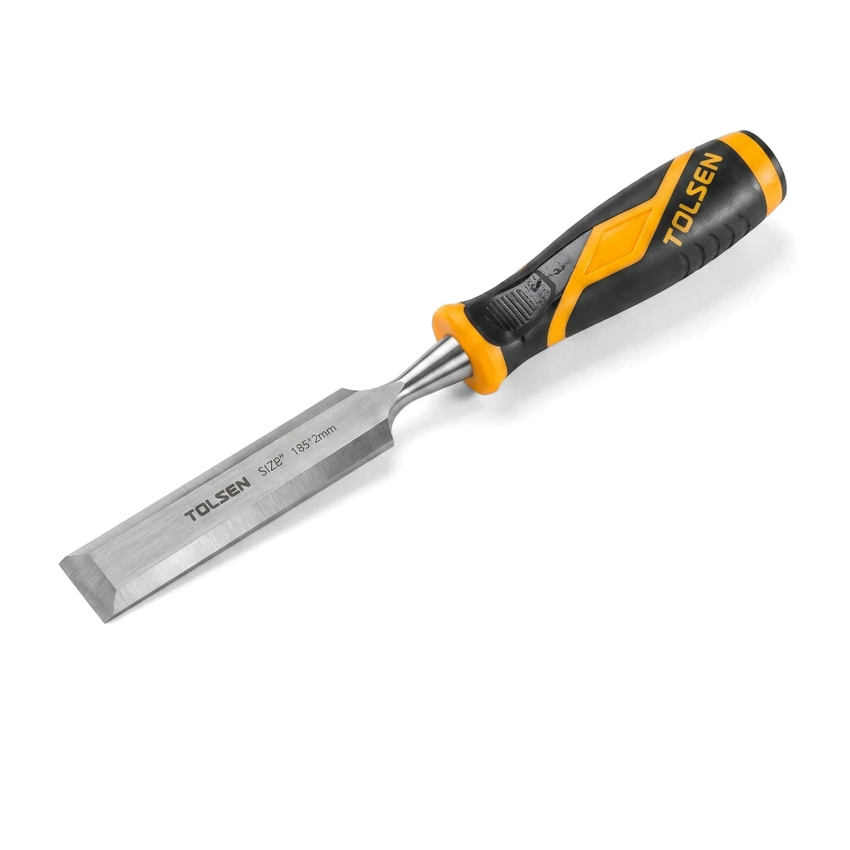 Tolsen 13mm wood chisel with a sharp silver blade and an ergonomic yellow and black TPR handle for woodworking.