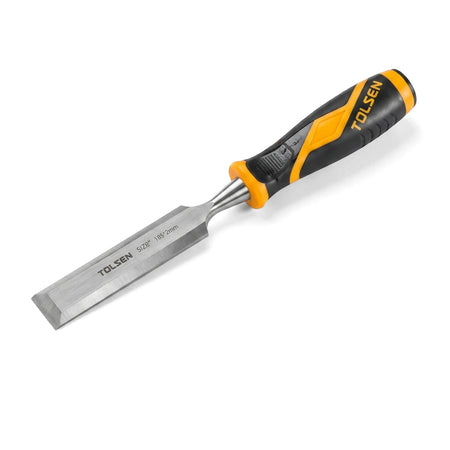 Tolsen 13mm wood chisel with a sharp silver blade and an ergonomic yellow and black TPR handle for woodworking.