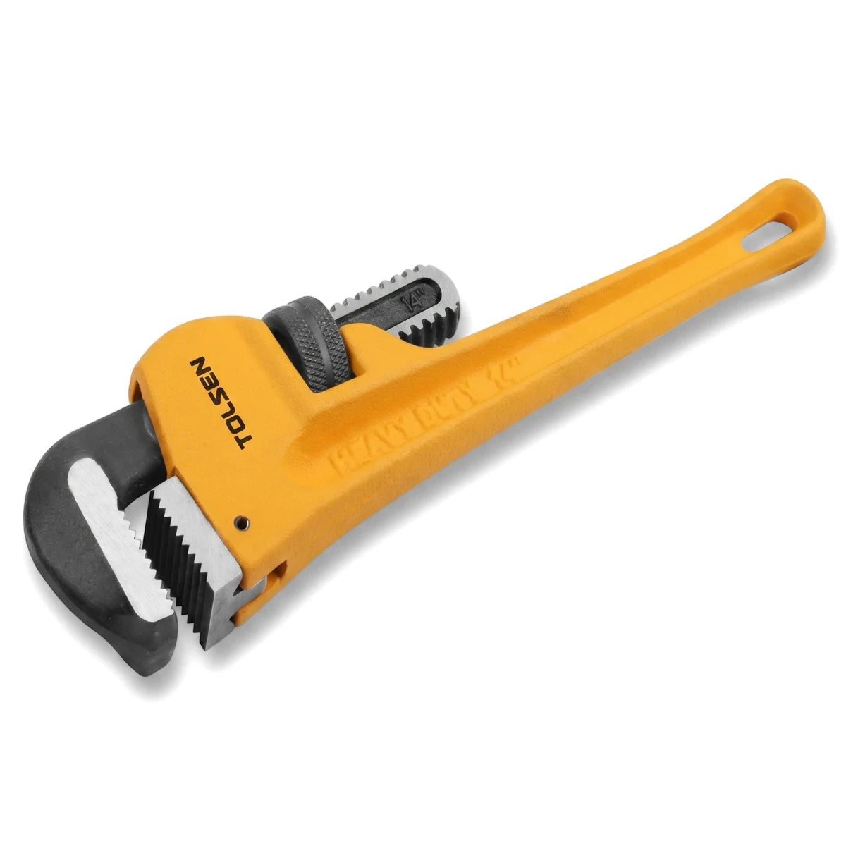 Yellow and black Tolsen 14-inch heavy-duty pipe wrench, shown at an angle, suitable for plumbing and construction.