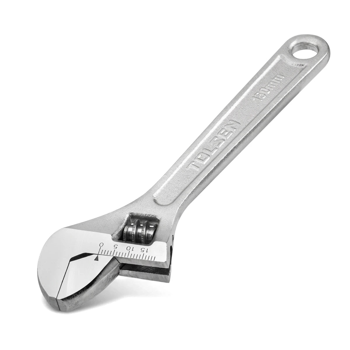 Silver Tolsen adjustable wrench, 150mm, with measurement scale on the jaw. A versatile hand tool for various tasks.