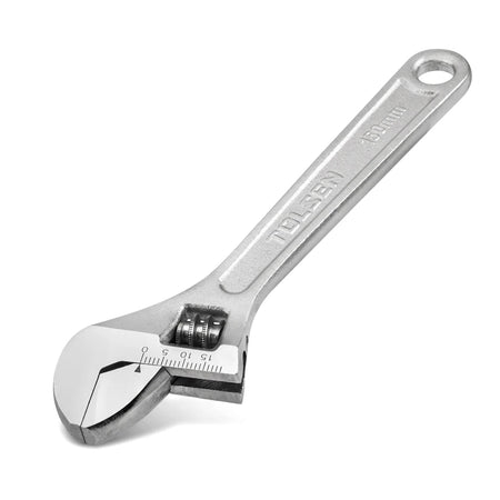 Silver Tolsen adjustable wrench, 150mm, with measurement scale on the jaw. A versatile hand tool for various tasks.