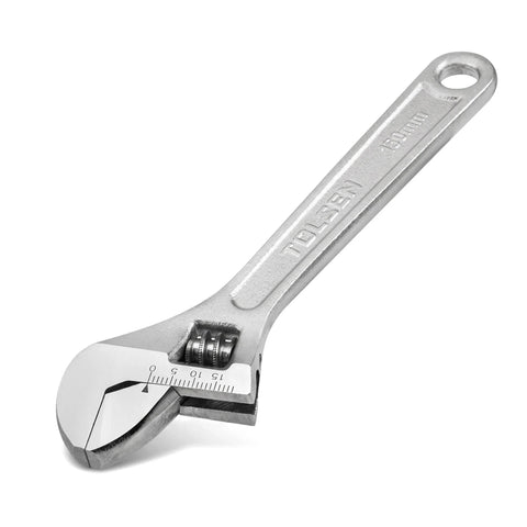 Silver Tolsen adjustable wrench, 150mm, with measurement scale on the jaw. A versatile hand tool for various tasks.