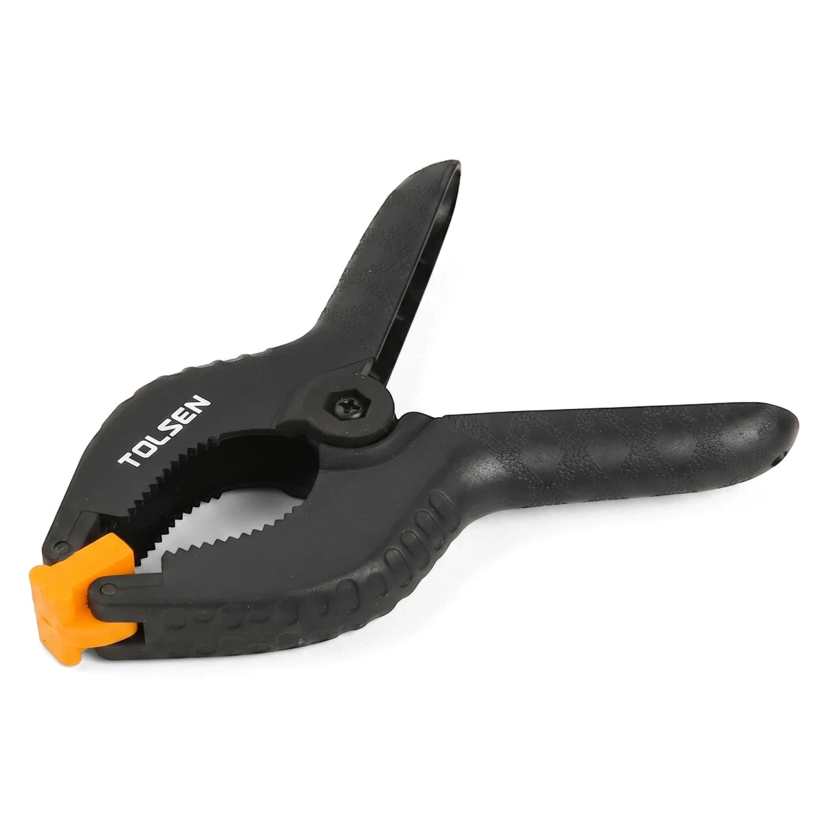 Tolsen 150mm spring clamp in black and orange, viewed at an angle, for heavy-duty gripping.