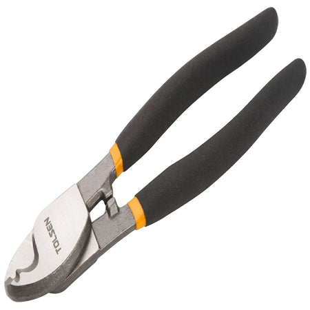Tolsen 160mm cable cutter with silver jaws and ergonomic black and orange handles, angled view.