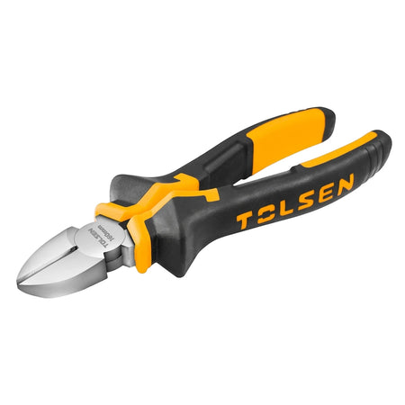 Tolsen 160mm diagonal cutting pliers featuring black and yellow insulated handles and a silver metal cutting head, angled