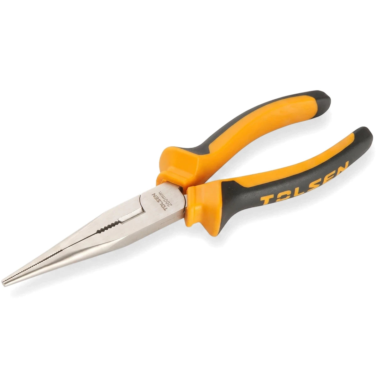 Tolsen 160mm long nose pliers with yellow and black ergonomic handles and silver metal jaws, shown diagonally.