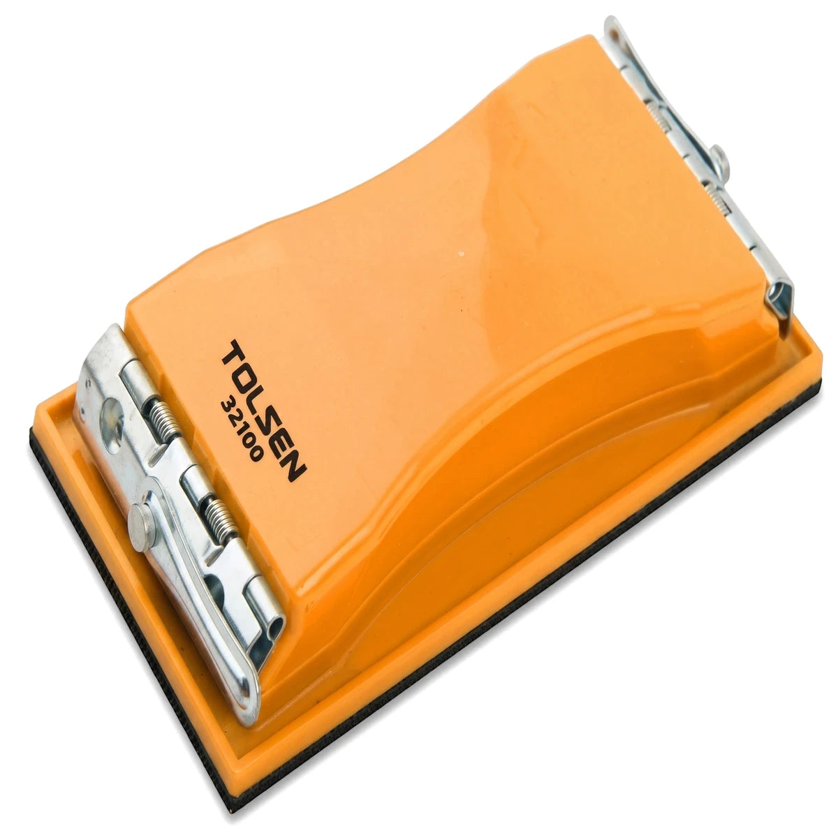 Orange Tolsen 165 x 85mm plastic sanding block with ergonomic grip and metal clamps for sandpaper, shown at an angle.
