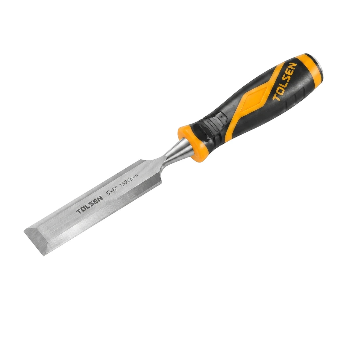 Tolsen 16mm wood chisel featuring a polished silver metal blade and an ergonomic black and yellow TPR handle for woodworking.