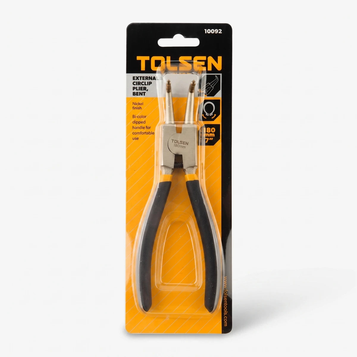Tolsen 180mm bent external circlip pliers in black and yellow blister packaging, shown from the front.