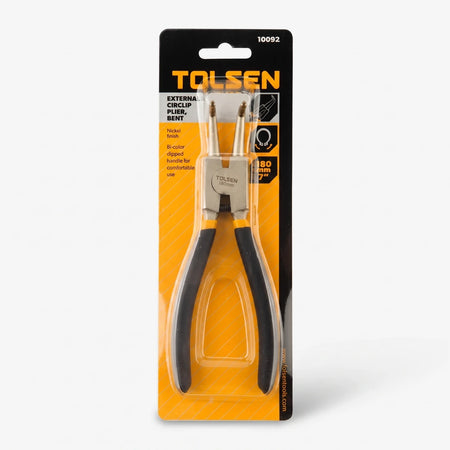 Tolsen 180mm bent external circlip pliers in black and yellow blister packaging, shown from the front.
