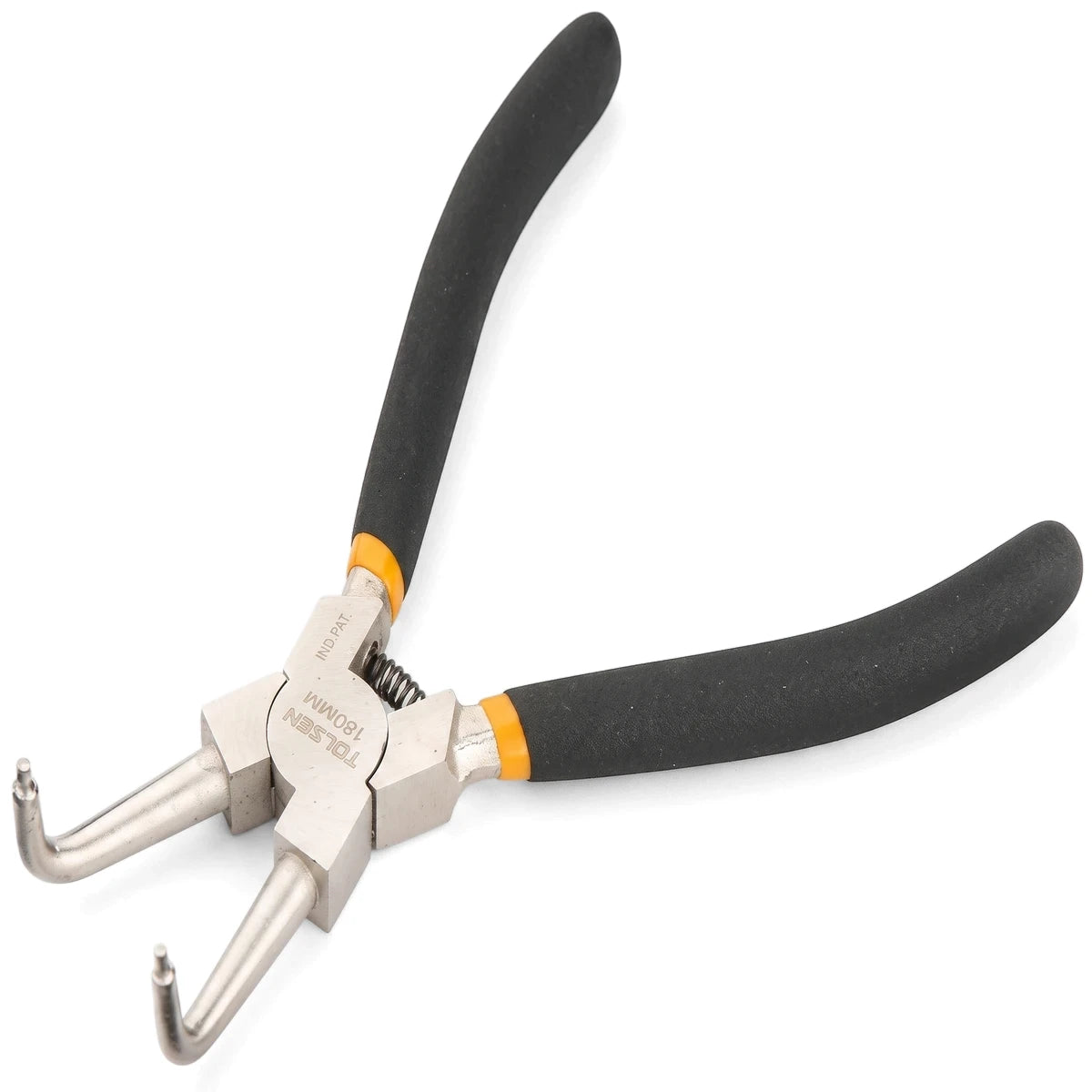 Tolsen 180mm bent internal circlip pliers featuring durable silver metal construction and ergonomic black and orange handles.