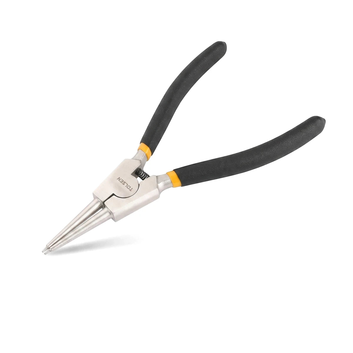 Tolsen 180mm straight external circlip pliers with silver metal and black handles, useful hand tool for automotive work.
